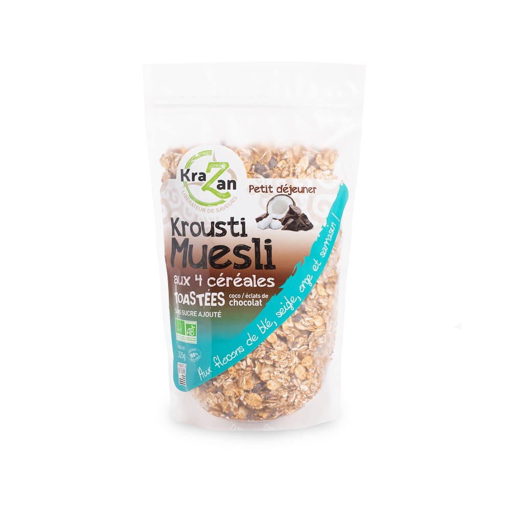 KROUSTI MUESLI BIO AUX 4 CÉRÉALES TOASTÉES COCO/ÉCLATS DE CHOCOLAT 325G